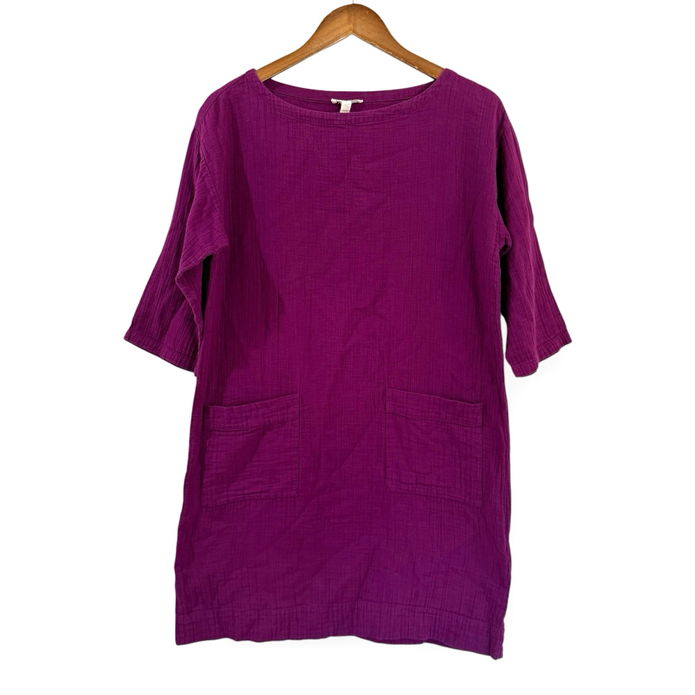 EILEEN FISHER Dress PM Organic Cotton Crinkle Gauze Shift 3/4 Sleeve Purple
